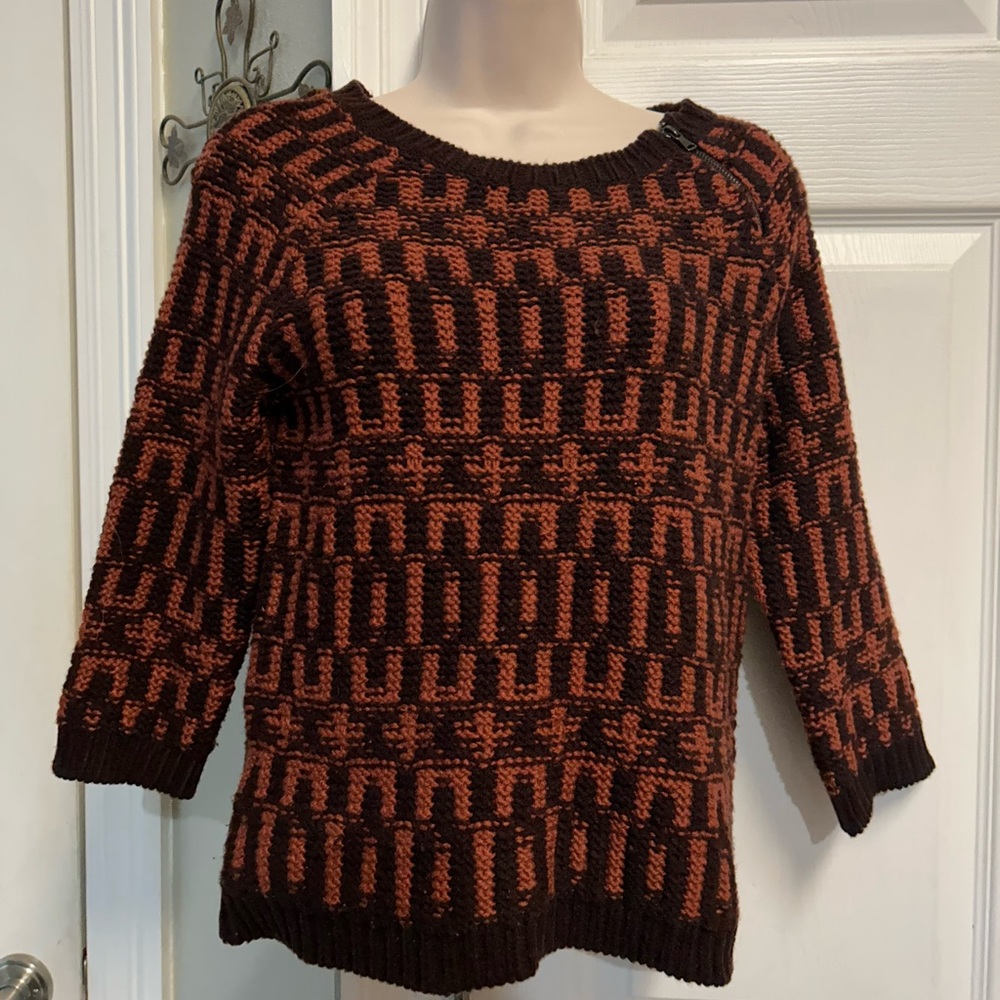 Ann Taylor LOFT Chunky Sweater XXS Petite Brown Black Geo Knit Zipper Detail